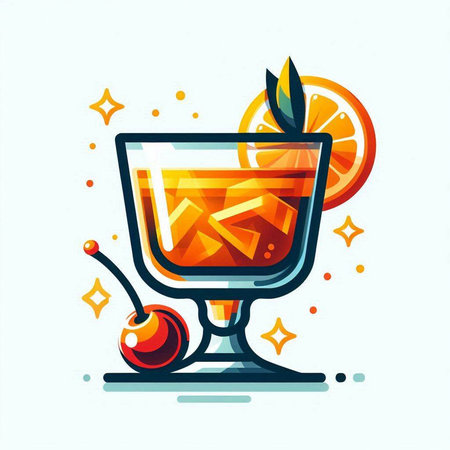 Cocktail with ice, cherry and lemon. Vector illustration.のイラスト素材