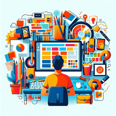 Back to school concept with young man working on computer. Vector illustrationのイラスト素材