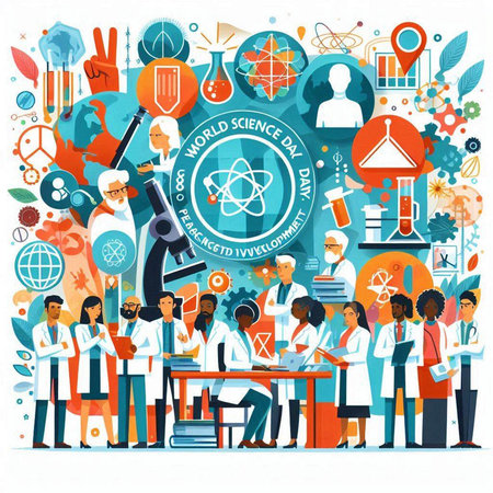 Vector illustration of scientist people working in laboratory. Chemistry, biology, medicine, research, science concept.のイラスト素材