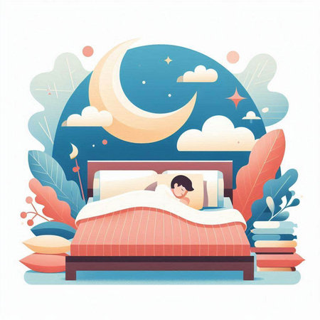 Cartoon character sleeping on the bed. Vector illustration in flat styleのイラスト素材