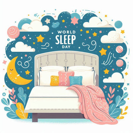 Hand drawn vector illustration of a bed with pillow, blanket, stars, moon, clouds and textのイラスト素材