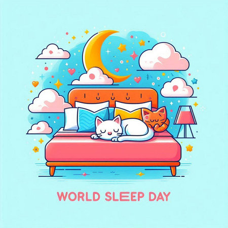 World sleep day banner with cute cat sleeping on bed. Vector illustrationのイラスト素材