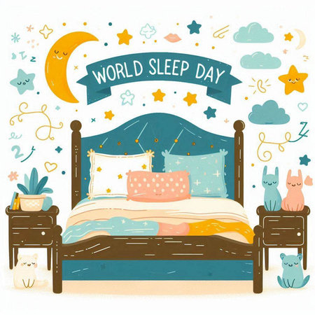 World Sleep Day greeting card with cute cartoon bed. Vector illustration.のイラスト素材