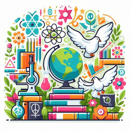 Vector illustration of science and education concept with globe, books, flasks, flowers and birds.のイラスト素材