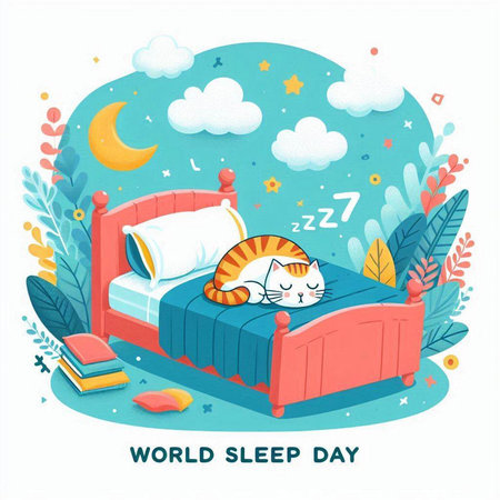 World Sleep Day concept with sleeping cat on the bed. Vector illustration.のイラスト素材