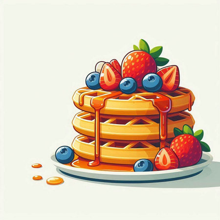 Illustration of a stack of pancakes with berries on a white backgroundのイラスト素材