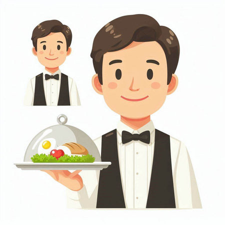Illustration of a waiter serving a dish with a tray of foodのイラスト素材