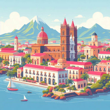Cityscape of La Palma, Canary Islands, Spain. Vector illustrationのイラスト素材