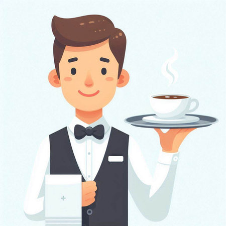 Waiter holding a tray with a cup of coffee. Vector illustration.のイラスト素材