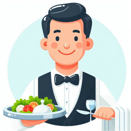Waiter holding a plate with food. Vector illustration in cartoon styleのイラスト素材