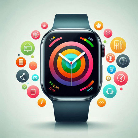 Smart watch with colorful application icons on gray background. Vector illustration.のイラスト素材