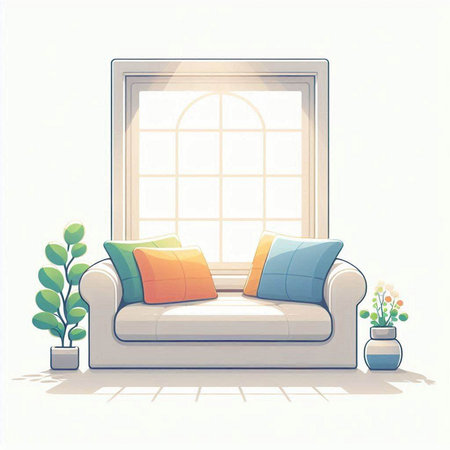 interior with sofa and window, vector illustration in flat cartoon styleのイラスト素材
