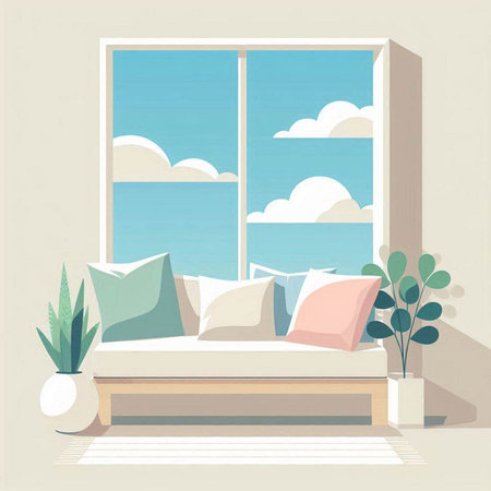 Vector illustration of a living room with a window and a sofa.のイラスト素材