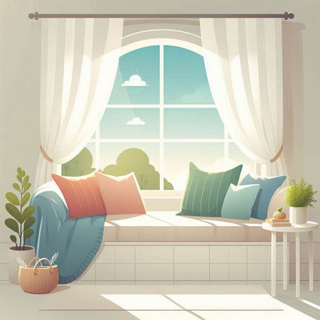 interior of the living room with a beautiful view from the windowのイラスト素材