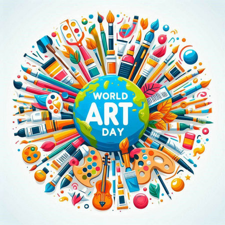 World art day poster with globe, paints, brushes and palette. Vector illustrationのイラスト素材