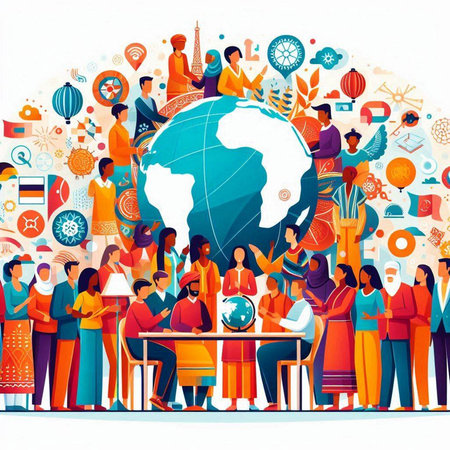 Group of people around the globe. Global communication concept. Vector illustration.のイラスト素材