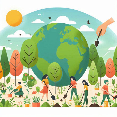 Earth day vector illustration. People working in the garden. Earth day concept.のイラスト素材