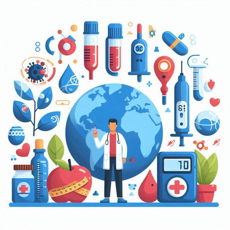 Vector flat illustration of world health day concept with doctor, world map, medical icons and symbols.のイラスト素材