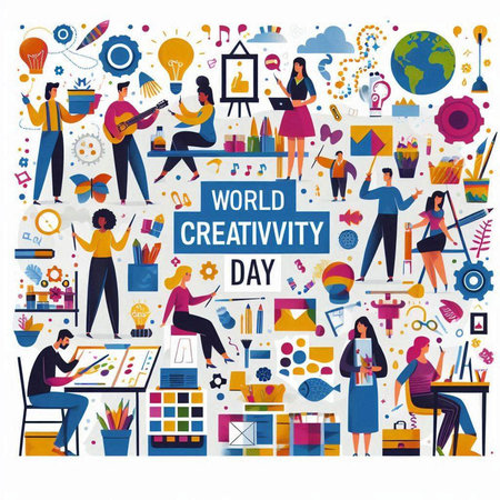 World creative day banner with people working in office. Vector illustration.のイラスト素材