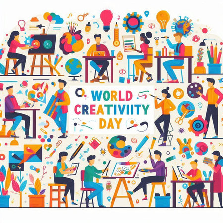 Vector illustration of creative people working in office. Flat style design.のイラスト素材