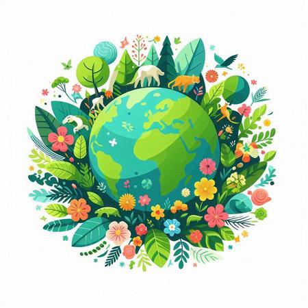 Ecology concept. Earth planet surrounded by flowers and plants. Vector illustration.のイラスト素材