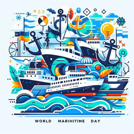 World Maritime Day banner. Vector illustration with ships, anchor, lighthouse and sea waves.のイラスト素材
