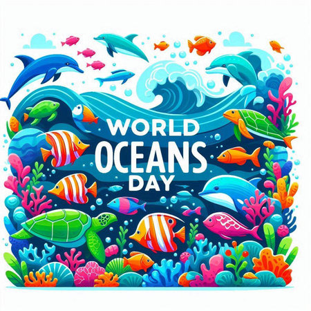 World Ocean Day banner with cartoon fishes and coral reef isolated vector illustrationのイラスト素材