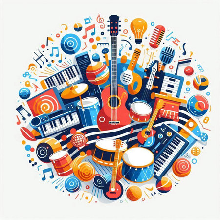 Musical instruments round composition. Vector illustration with musical instruments and instrumentsのイラスト素材