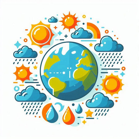 Earth planet with sun, clouds and rain drops. Vector illustration.のイラスト素材