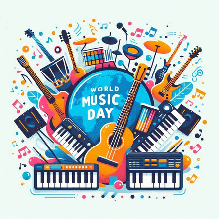 International Music Day background with musical instruments. Vector illustration in flat styleのイラスト素材