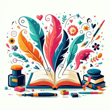 Vector illustration of an open book with feather pen, inkwell, books and flowersのイラスト素材