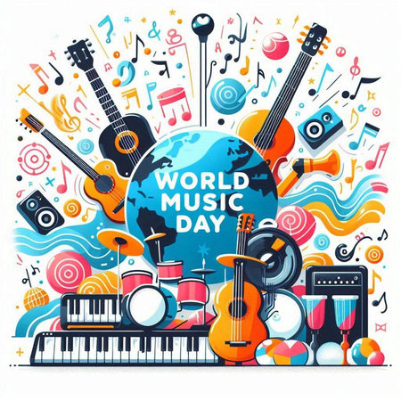 World music day background with musical instruments. Vector illustration in flat styleのイラスト素材