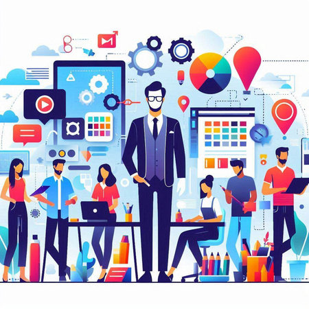 Businessman in office. Vector illustration in flat style. Business people working in the office.のイラスト素材