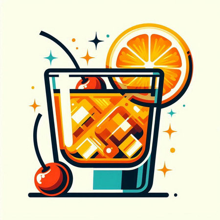 Cocktail with orange, cherry and ice cubes. Vector illustration.のイラスト素材
