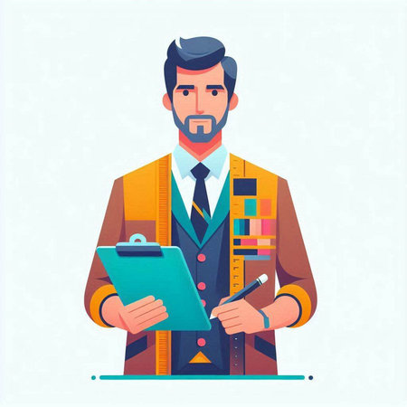 Fashion designer. Vector illustration in a flat style. Man in a jacket and with a tablet.のイラスト素材