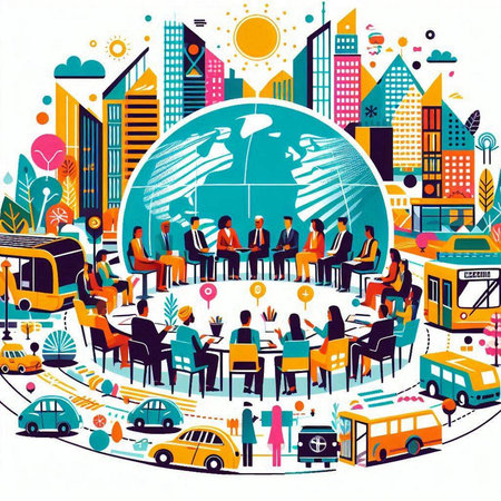 Cityscape with people and bus. Vector illustration in flat style.のイラスト素材