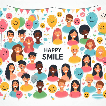 Happy Smiling People Flat Vector Concept. Multiracial Group of Smiling Friends with Different Emotions and Colorful Speech Bubblesのイラスト素材