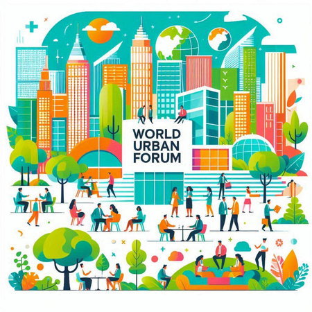 Vector illustration of people walking in the city. Urban landscape with buildings, trees and peopleのイラスト素材