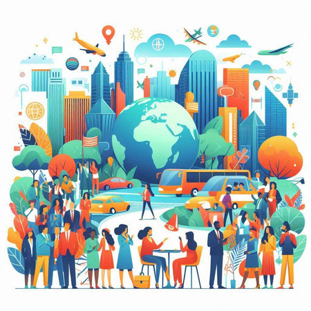 Traveling around the world. People on the background of the city. Vector illustrationのイラスト素材