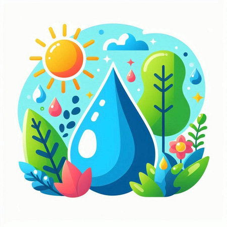 Water drop with sun and plants. Vector illustration in flat style.のイラスト素材