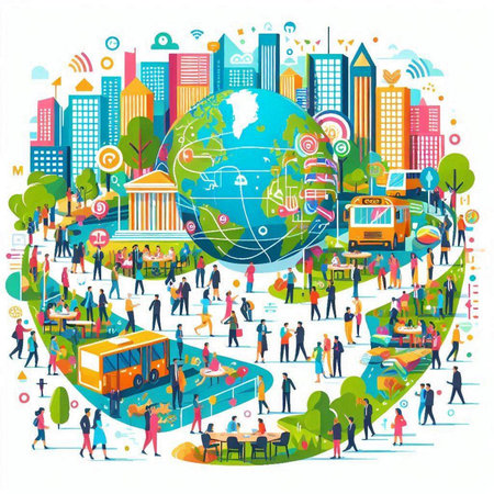 Vector illustration of people walking around the city with bus, bus stop, city map and buildingsのイラスト素材