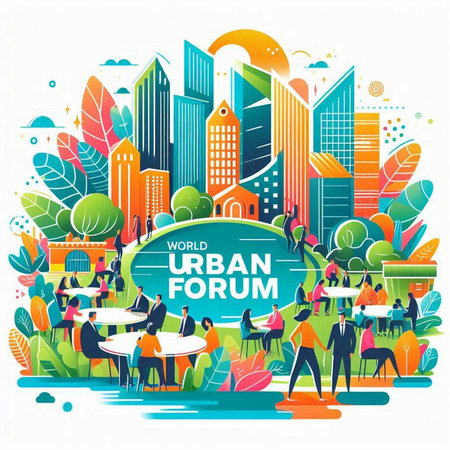 Vector illustration of modern city with people sitting at table and eating.のイラスト素材