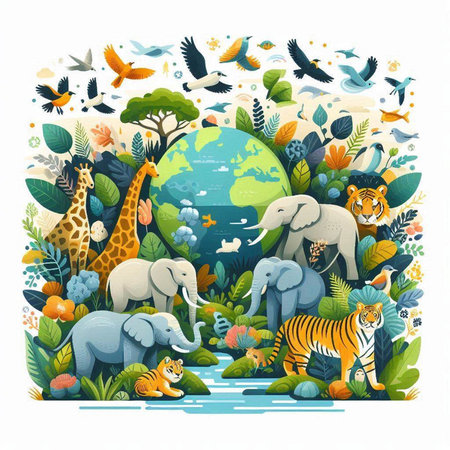Animals in the jungle. Colorful vector illustration in cartoon styleのイラスト素材