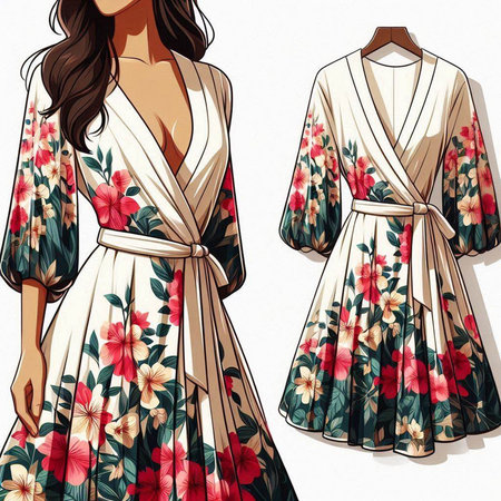 Wedding dress with floral print. Vector illustration in sketch style.のイラスト素材