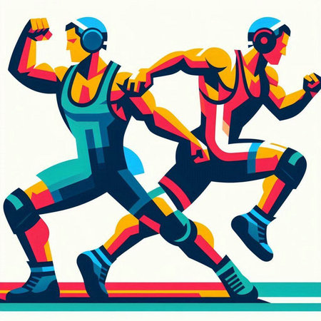 Group of running men in sportswear. Vector illustration in retro styleのイラスト素材