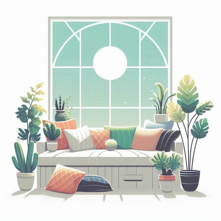 Illustration of cozy living room interior with sofa, pillows, plants and windowのイラスト素材