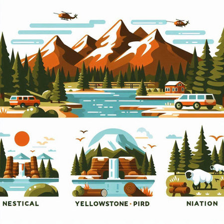 Mountains, river, forest and camper van. Vector illustrationのイラスト素材