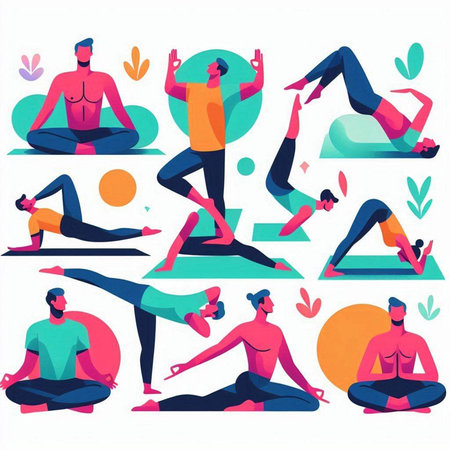 Set of yoga poses. Men and women practicing yoga. Flat vector illustration.のイラスト素材
