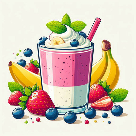 Smoothie with strawberries, blueberries and banana. Vector illustration.のイラスト素材