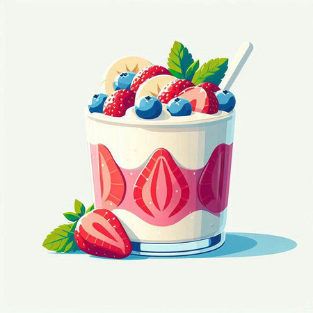 Vector illustration of a glass of yogurt with strawberries, blueberries and mint.のイラスト素材